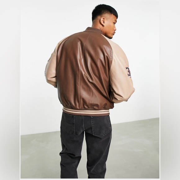 Oversized Real Leather Varsity Jacket in Brown Size M - Picture 3 of 4